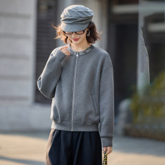休闲棒球服拉链开衫女2025春秋新款洋气亮片圆领宽松夹克外套上衣