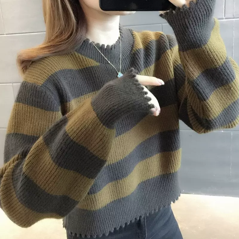 条纹短款毛衣女猫宁新款 秋冬内搭洋气加厚小个子 高腰小款打底衫