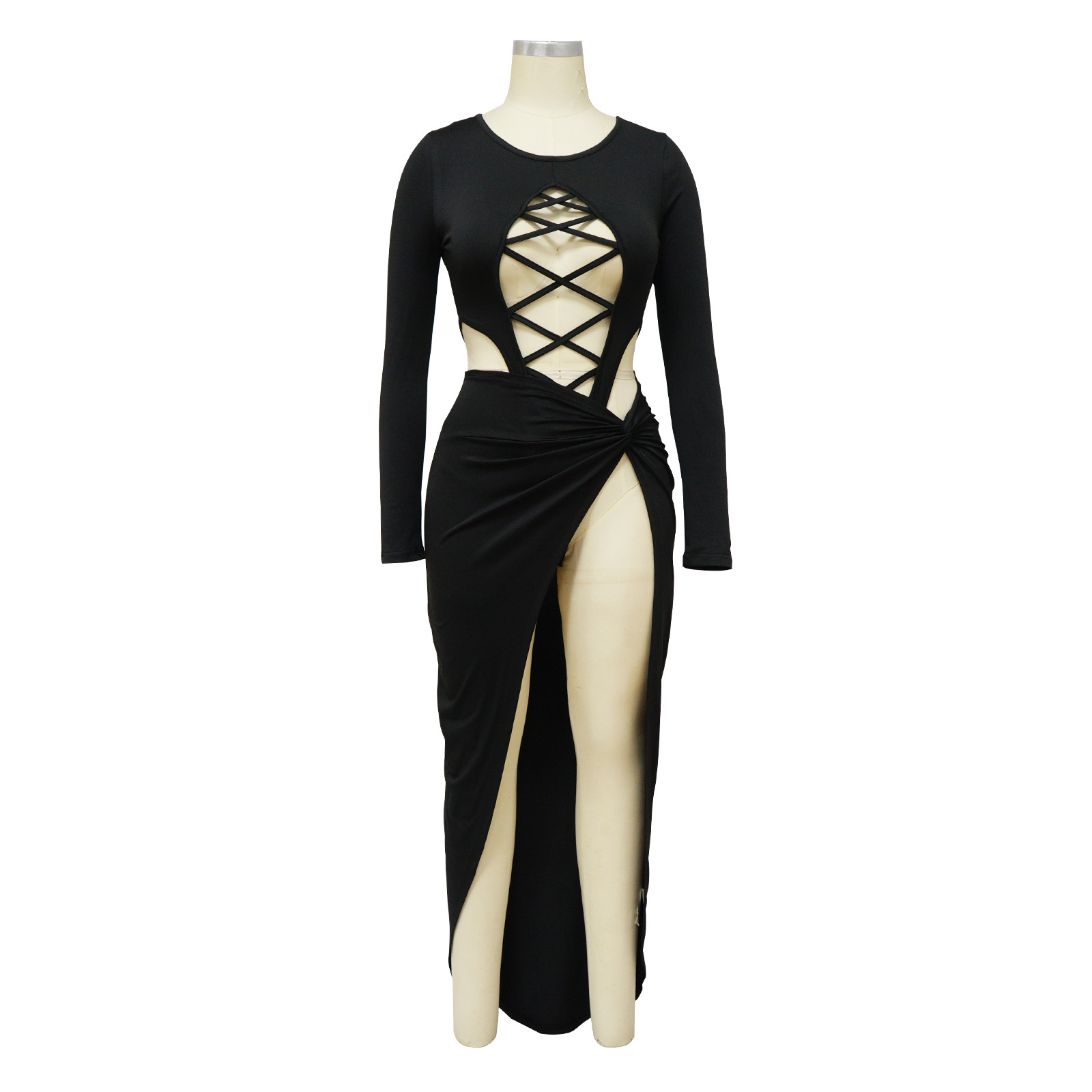 Conjunto de saia e top sexy manga comprida com recortes_voghion.com