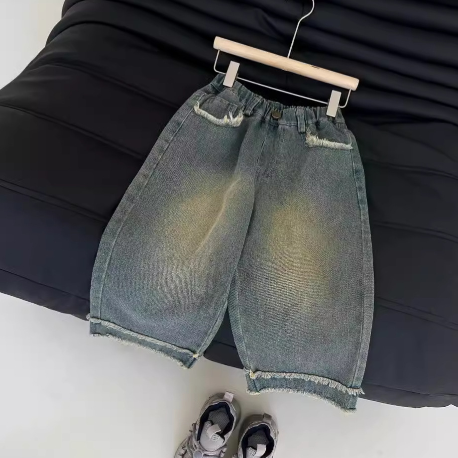 Girls' Jeans 2024 Spring New Korean Style Stylish Retro Soft Denim Frayed Straight Leg Wide Leg Pants