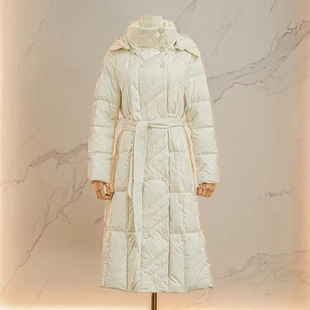 Black Design Lace-Up Waist Slimming Look White Goose down Jacket for Women 2024 Winter New Thickeneded Long Jacket