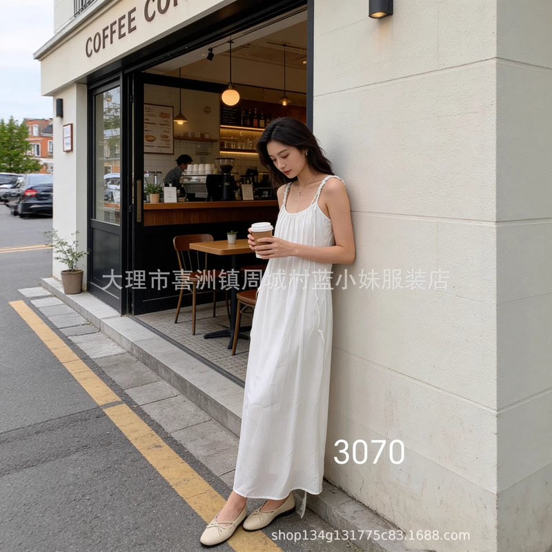 Women's Spaghetti Strap Dress, Hot-Selling New Style 26, French Travel Ethnic Style, Beach Tie-Dye, White, Lazy Long Style