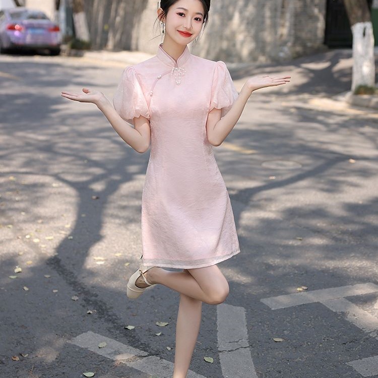 粉色旗袍改良年轻款少女小个子新中式日常可穿连衣裙2025新款夏季|undefined