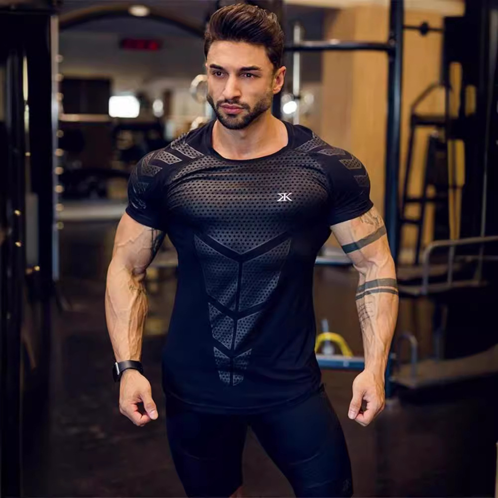 2025 new quick-drying compressed men's shirt running slim fit short…