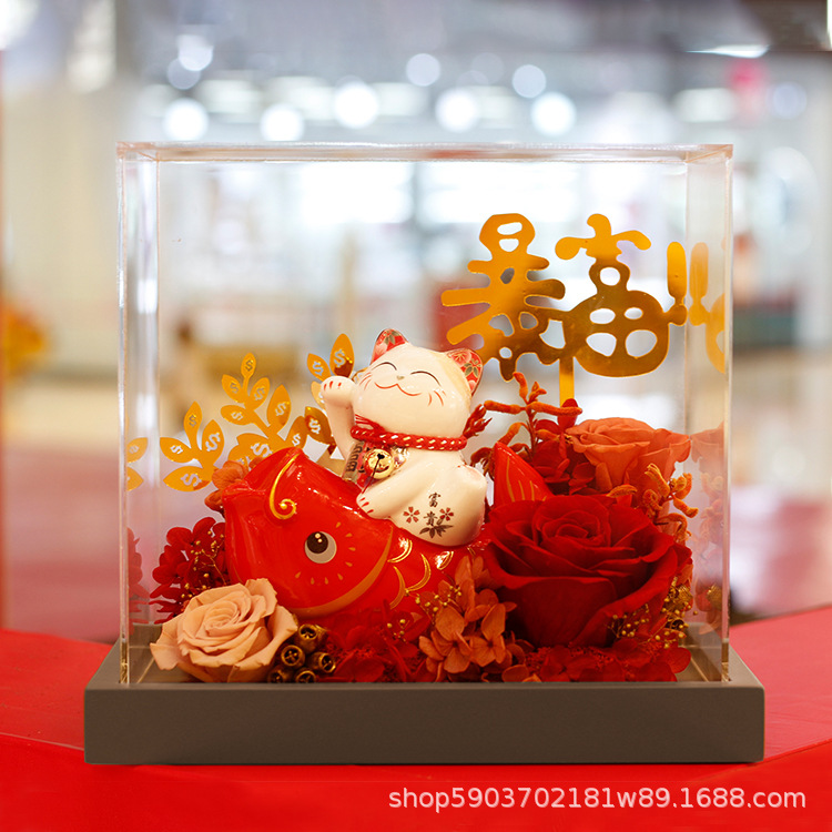 Cerámica gato afortunado koi regalo para novia regalo de cumpleaños rosa al por mayor regalo del Día de San Valentín flor seca flor eterna