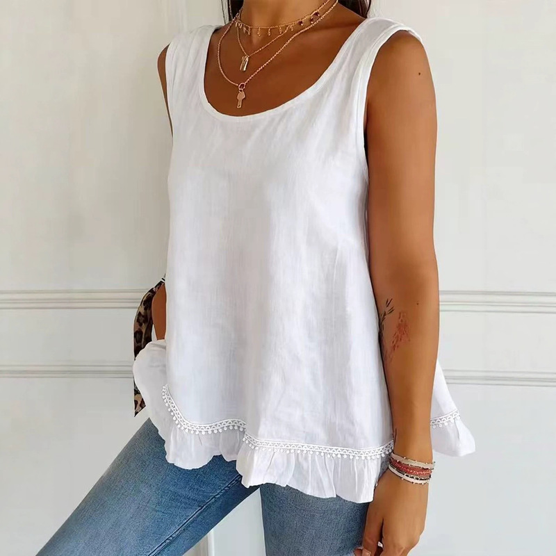 Amazon Casual Women's Clothing European and American Style Woven Sleeveless Round Neck Design with Pom-Pom Lace Trim and Ruffle Hem Tank Top Amazon Casual Women's Clothing European and American Style Woven Sleeveless Round Neck Design with Pom-Pom Lace Trim and Ruffle Hem Tank Top