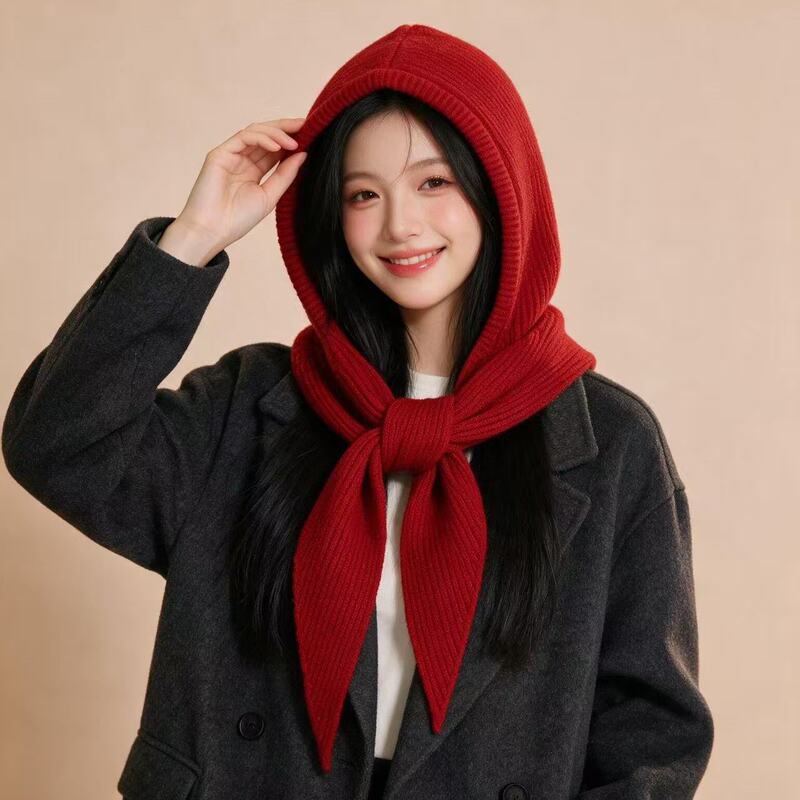 In-stock wool balaclava hat, scarf, and hat with integrated ear protection, red warm and versatile scarf In-stock wool balaclava hat, scarf, and hat with integrated ear protection, red warm and versatile scarf