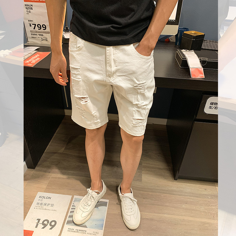 Verano ins ripped Denim shorts marca de moda de los hombres pantalones delgados blancos delgados pantalones de playa recortados casuales Coreanos