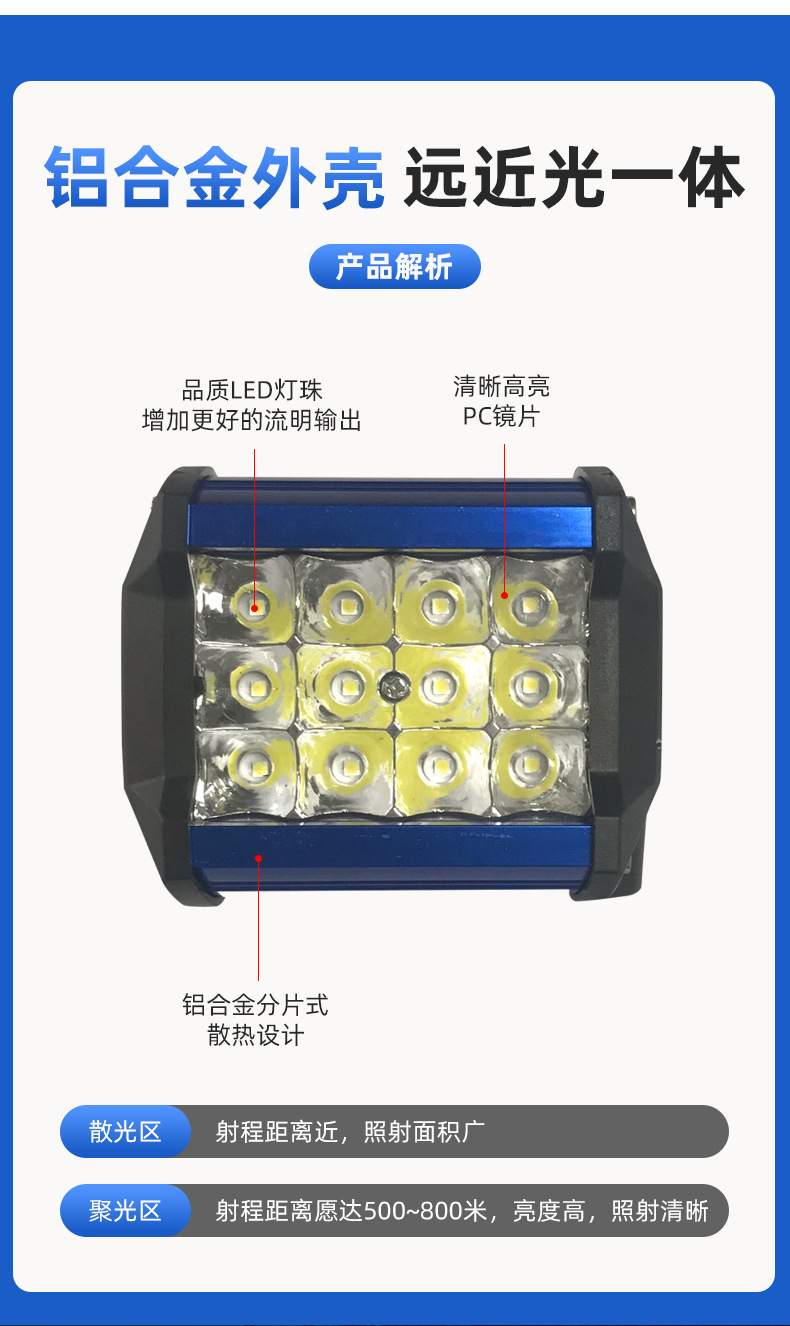 Car LED work light 4-inch 36W three-row spotlight external light three-eye off-road vehicle modified spotlight plastic