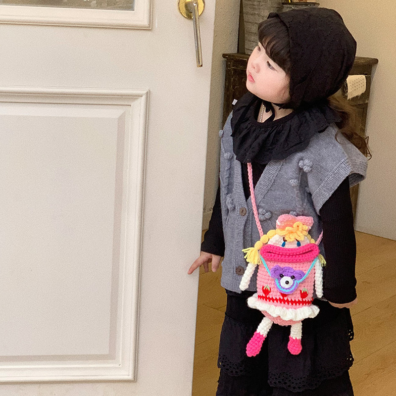 Bolsas para niños otoño y invierno nuevos lindos bolsas de lana coreanas tejidas a mano rosa gran boca bolsas de cambio de teléfono móvil