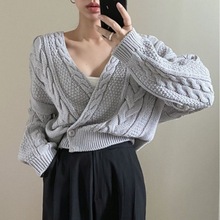 韩国chic小众设计V领毛衣交叉侧边一粒扣收腰短款麻花纹针织衫女