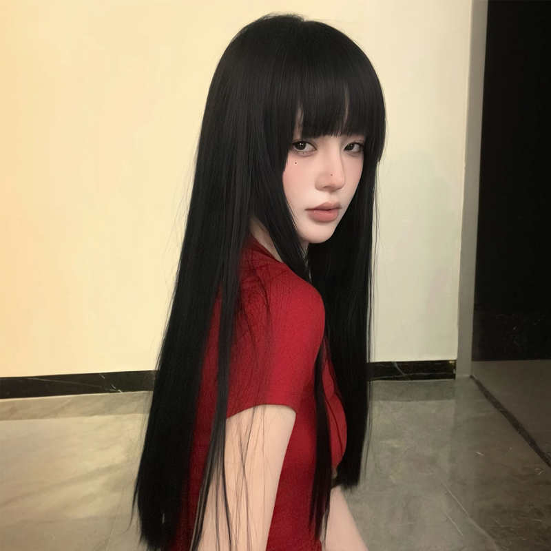 Black Long Straight Wig Full Head Cover for Women with Bangs Fluffy Natural Daily Black Full Head Cover Fuchi Manga Wig Cover