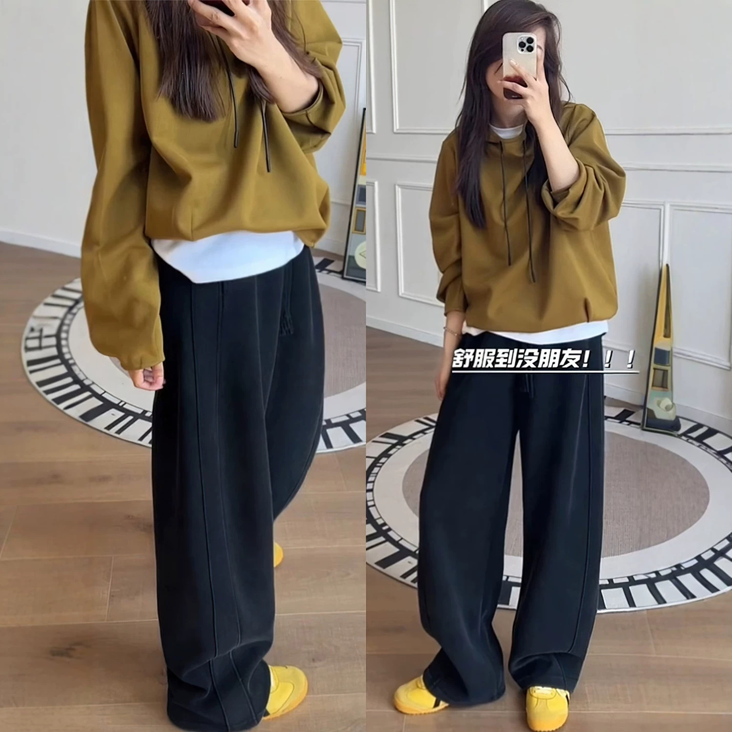 Black wide-leg pants for women, new autumn style, designed for plus-size figures with a pear-shaped body, featuring a high waist, loose fit, and a slimming effect, suitable for sporty wear