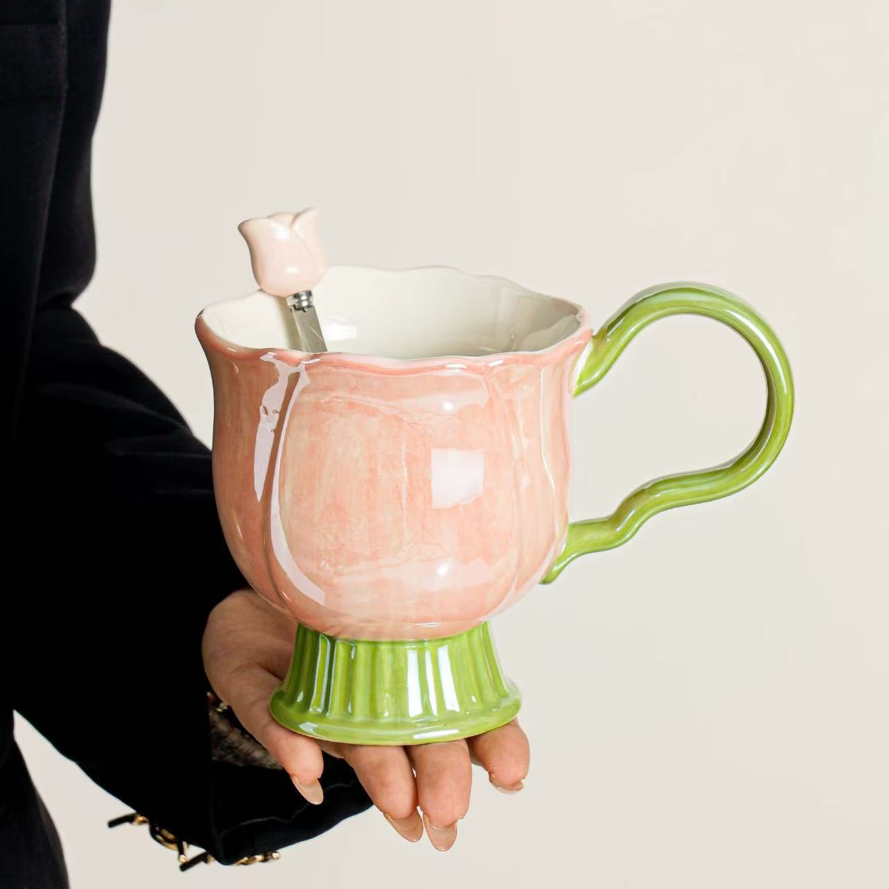Flores de color de mano taza alta - rosa + cuchara exclusiva
