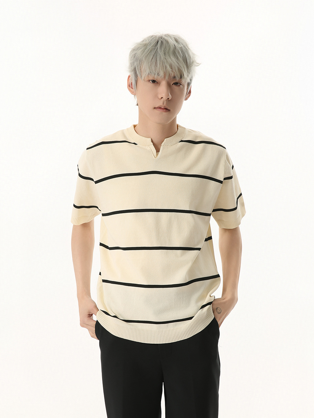 MTLCLOTHES Hombres| Retro japonés V-collar rayas de color contrastante jersey camisa de manga corta universal de viaje diario