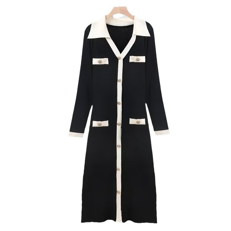 2025 봄과 가을 한국 세련된 프랑스 기질 V-NECK 단일 가슴 슬림 슬리밍 베이스 니트 원피스 8192