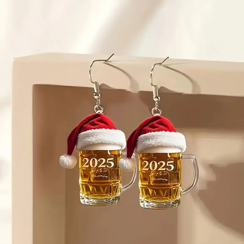 Christmas Festival Christmas Hat, Wine Glass Pattern Unisex Gender 1 Pair Simple Style Classic Style Christmas Hat Wine Glass Arylic Drop Earrings