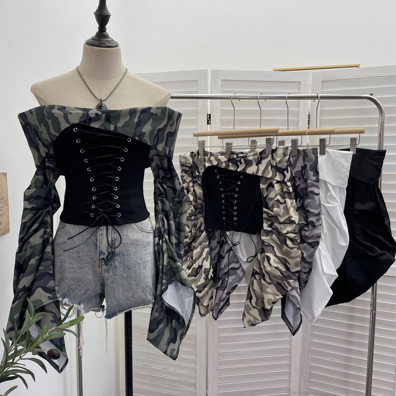 Real Shot of American Retro One-Shoulder Camouflage Long-Sleeved Splicing Rope Lace-Up Waist Shirt Pleated Top 2767