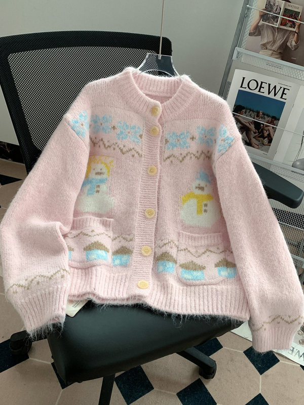 Pink Cute and Sweet Style Christmas Snowman Jacquard Sweater Jacket Women's Cardigan Autumn and Winter Loose Lazy Knitwear