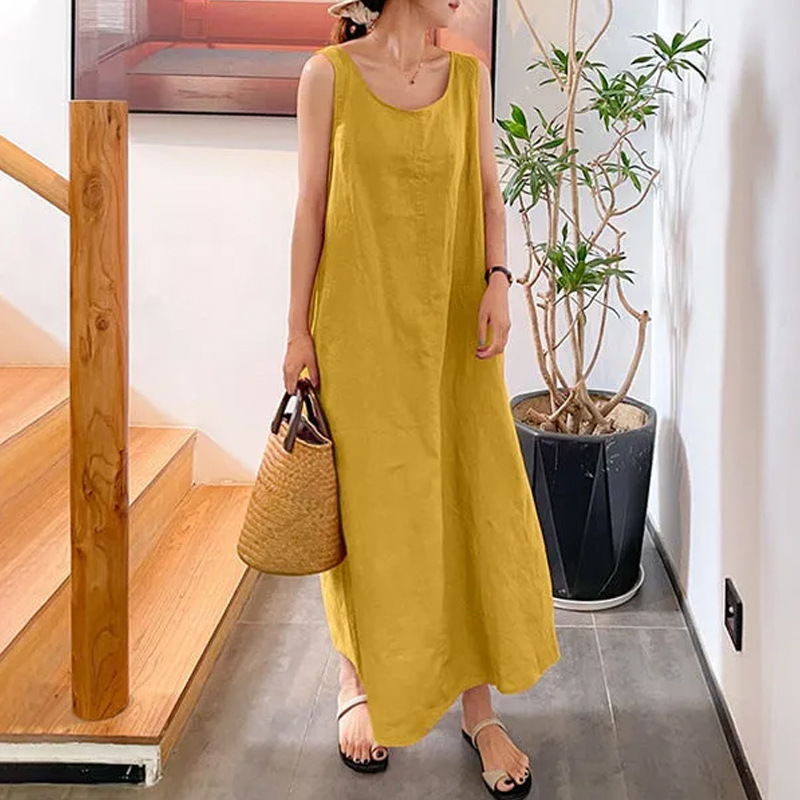 Cross-Border Summer New Style Solid Color Cotton and Linen Long Sleeveless Vest Dress Casual Loose-Fitting Body-Covering Vest Long Dress for Women