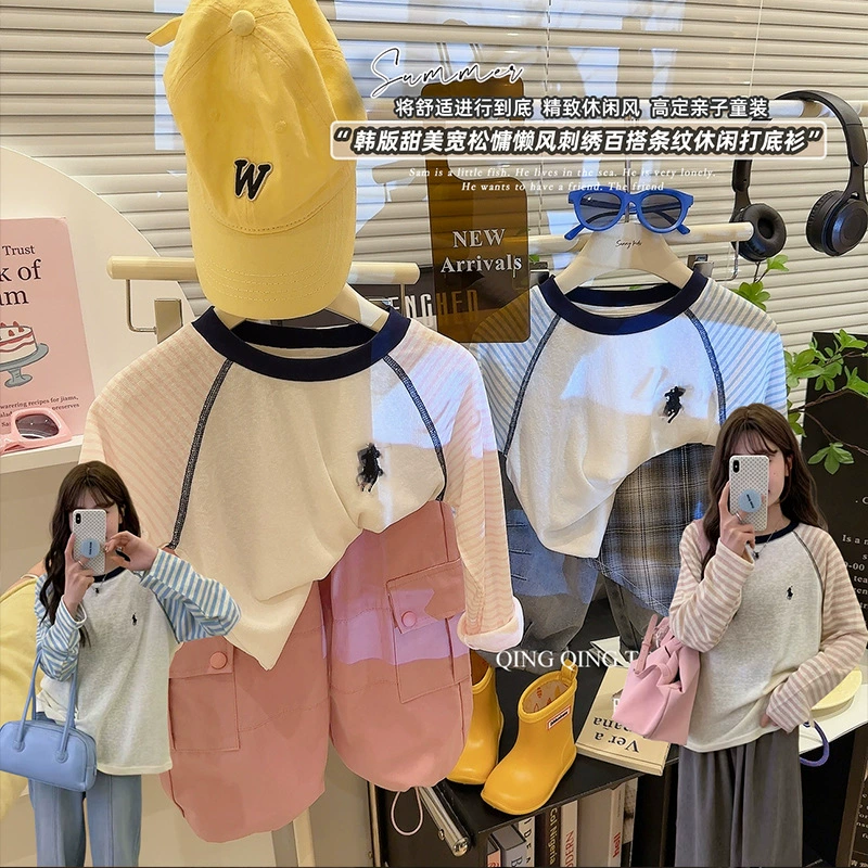 [Родительский] Футболка для девочек 2025 летний круглый воротник с диким рукавом с короткими рукавами