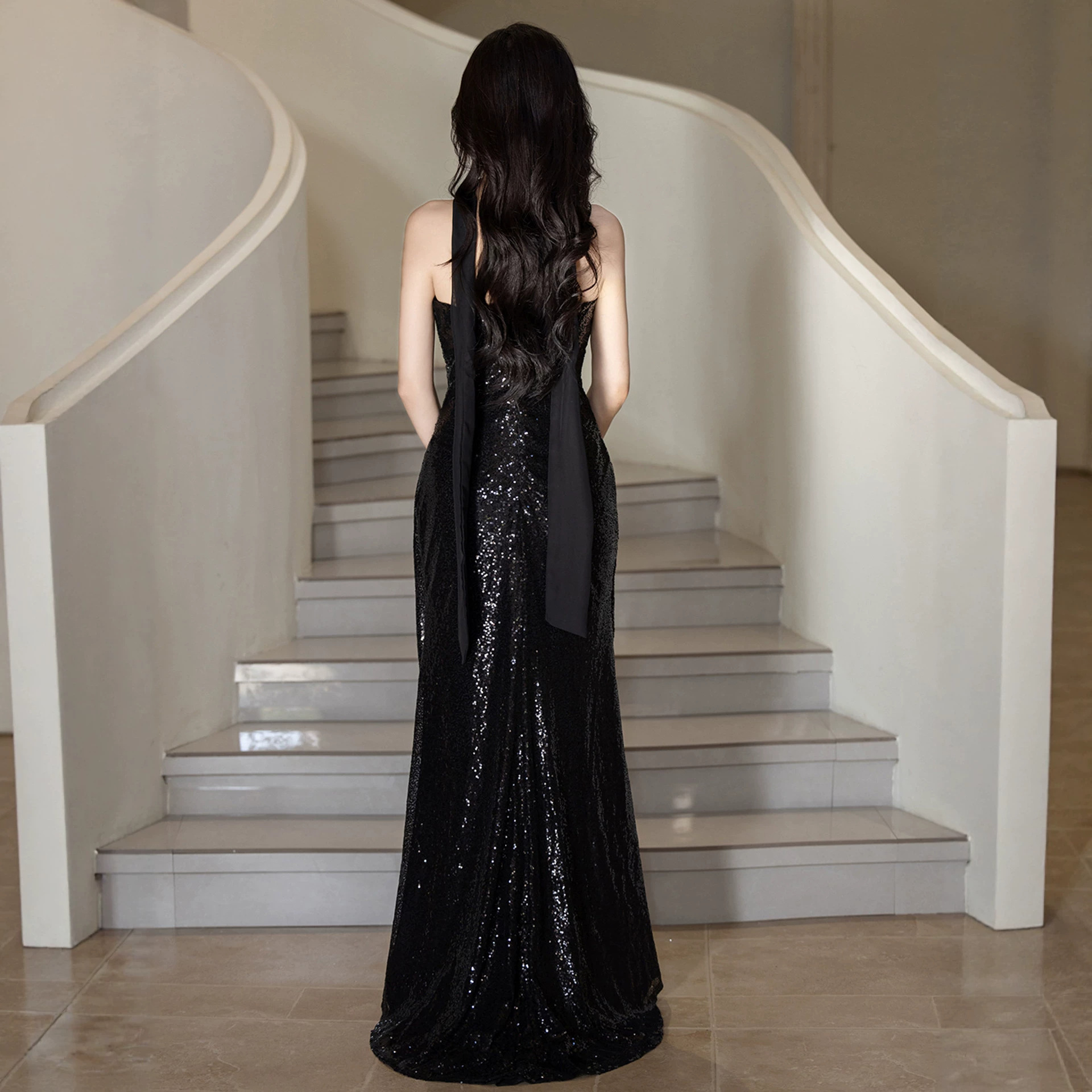 Women's Elegant Black Sequined Mermaid Evening Gown Understated Luxury Niche Style For Hostesses Coming Of Age Ceremony New_ecoleips.com