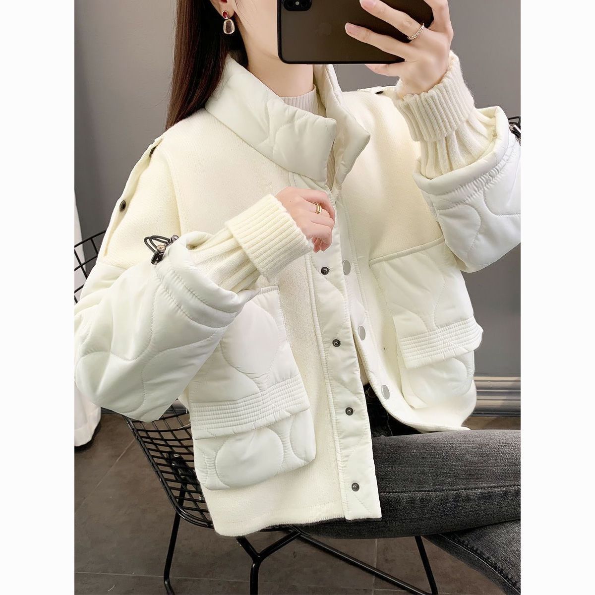 大码胖mm设计感棉服拼接毛衣开衫女加厚短款秋冬新款慵风懒外套潮