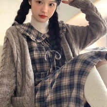 妒纱森系少女娃娃领套装秋冬裙子连衣裙+咖色宽松针织开衫两件套