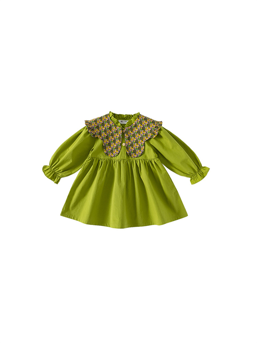 Ropa infantil Youbao, vestido de primavera y otoño estilo coreano para niñas, vestido verde aguacate con estampado floral y solapa grande, vestido para bebés pequeños 2026