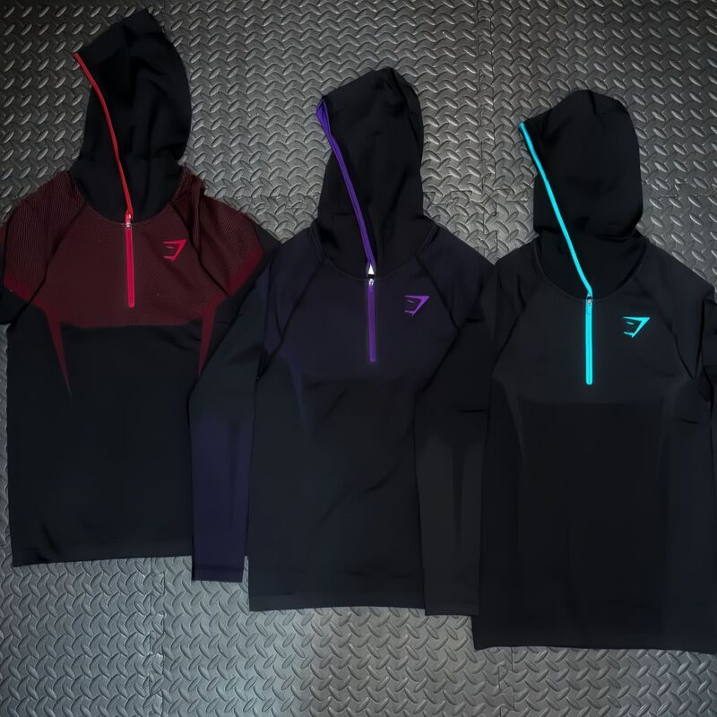 GYMSHARK/ONYX V5 long-sleeved hooded sports fitness shirt, shark tight elastic training top, quick-drying GYMSHARK/ONYX V5 long-sleeved hooded sports fitness shirt, shark tight elastic training top, quick-drying