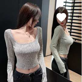 春春新款辣妹长袖显瘦T恤紧身上衣女高腰露脐内搭方领短款打底衫
