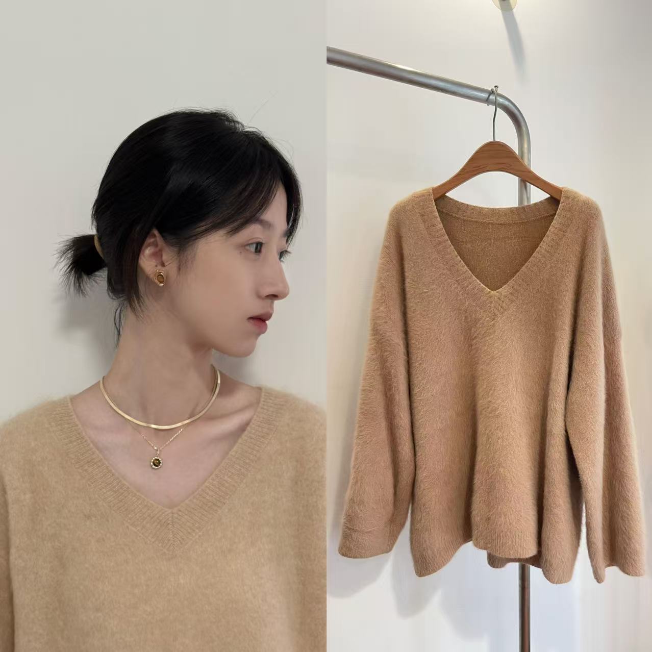 카멜 오렌지 리얼 밍크 V넥 스웨터 · 샘플 · 미세 하자 (착용에 지장 없음)