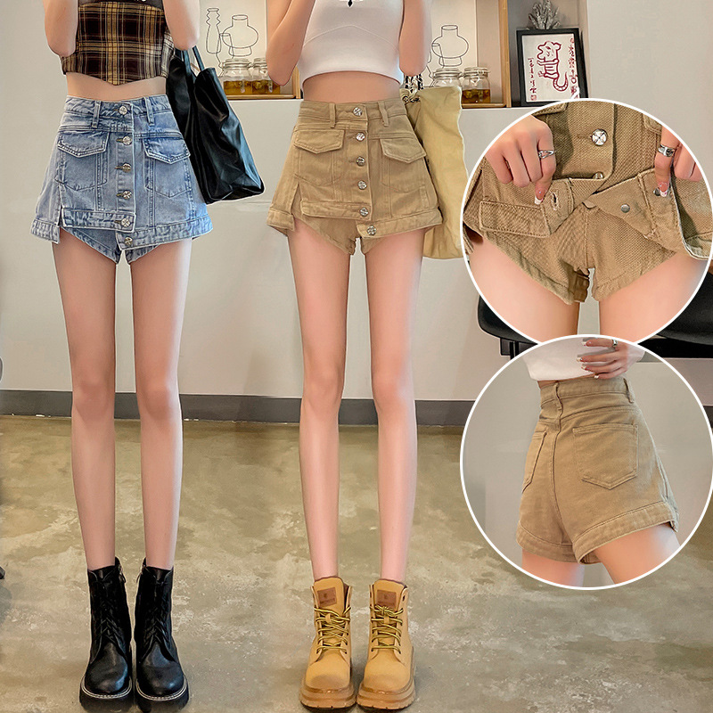 Summer denim skirt women's high waist skirt hot girl work clothes anti-exposure khaki brown skirt small shorts