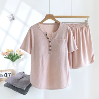 带胸垫睡衣女款夏季段彩V领可外穿新款家居服套装简约两件套夏天