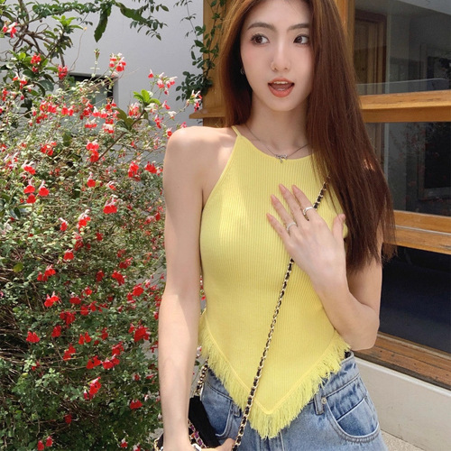 2025 Knitted Small Straps Vest Outerwear Women's Slimming Irregular Design Sense Niche Off-the-Shoulder Tassel Top 