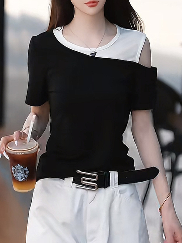 时尚减龄拼接露肩设计短袖T恤女2025夏季新款休闲裤气质显瘦套装|undefined