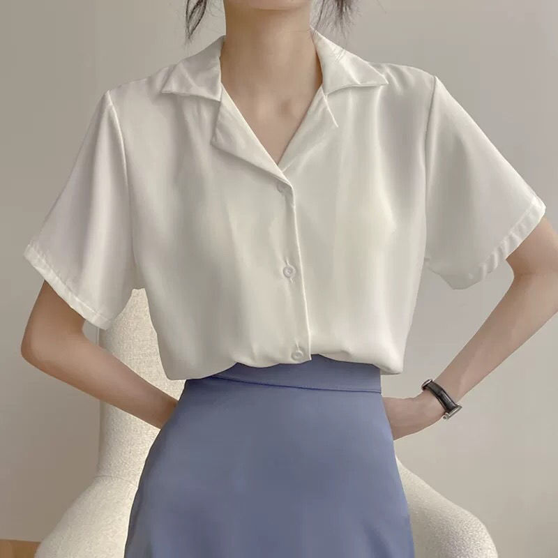 一件代发韩版职业西装翻领短袖衬衫女春夏季学院风复古纯色上衣潮
