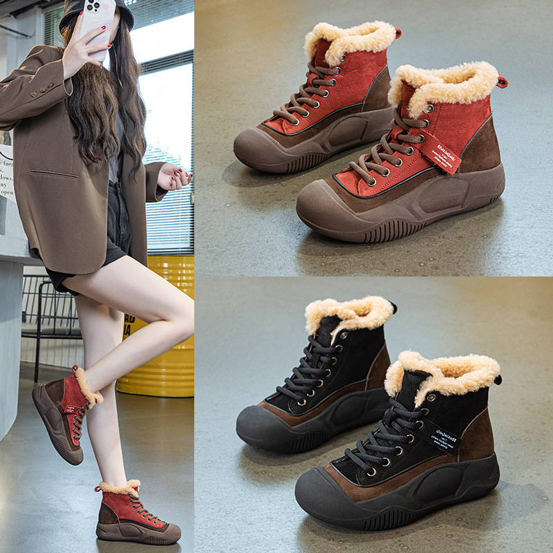 Winter top layer cowhide and pile high top shoes cotton boots women's short bun strap lamb wool snow boots thick soled cotton shoes