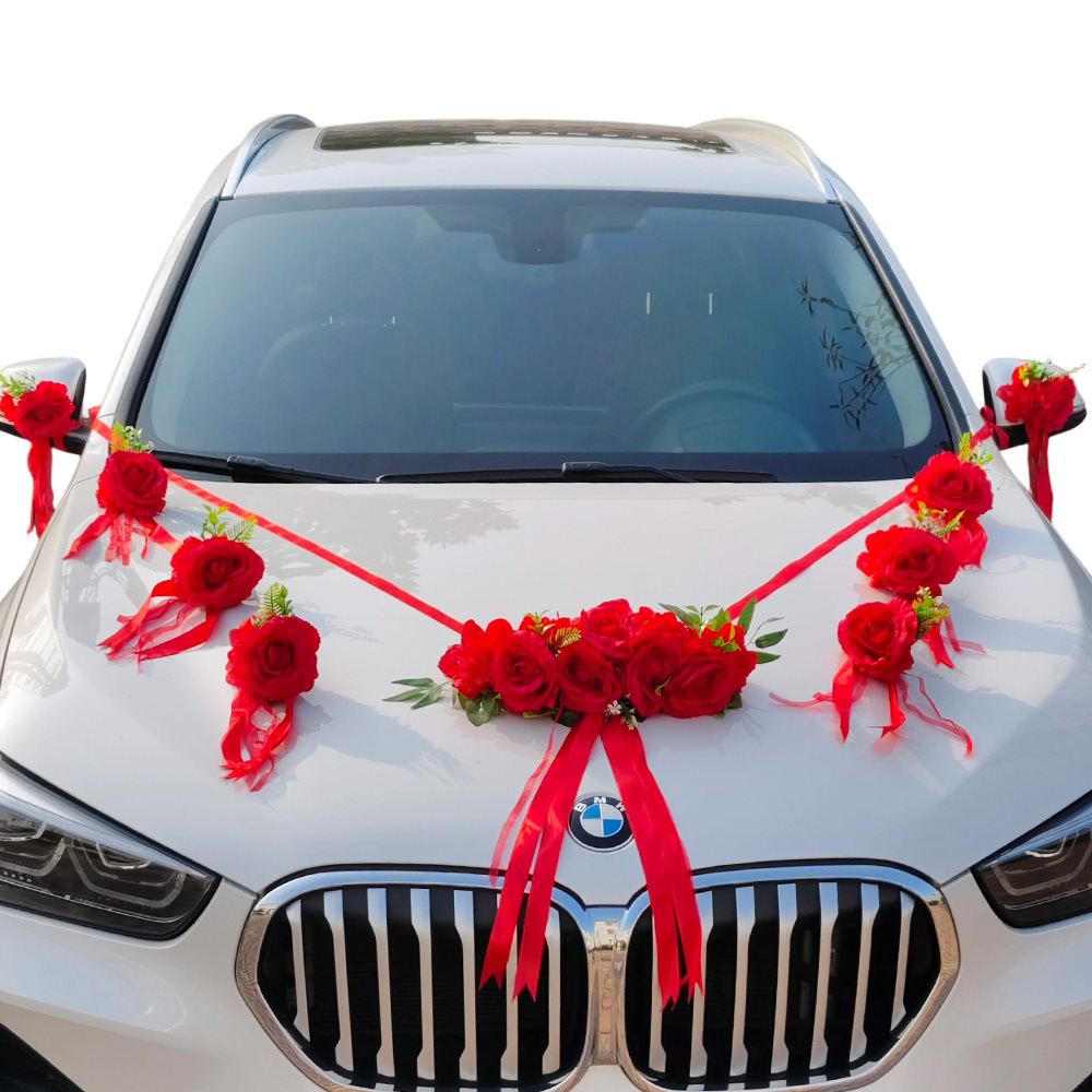 Decoración principal del coche de boda, simulación de flores, rosa china, diseño del equipo de boda, conjunto completo de automóviles de boda