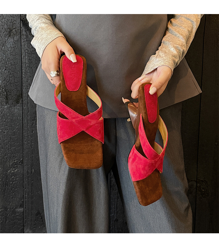 Sandal cao gót nữ quai chéo kiểu Pháp mũi vuông hở ngón, gót xuồng 7 cm — màu đen, Màu da báo, màu vàng, màu đỏ chi tiết 8