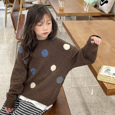 2022新款童毛衣 大圓點 撞色套頭毛衣 秋冬加厚女童氣質咖毛衣