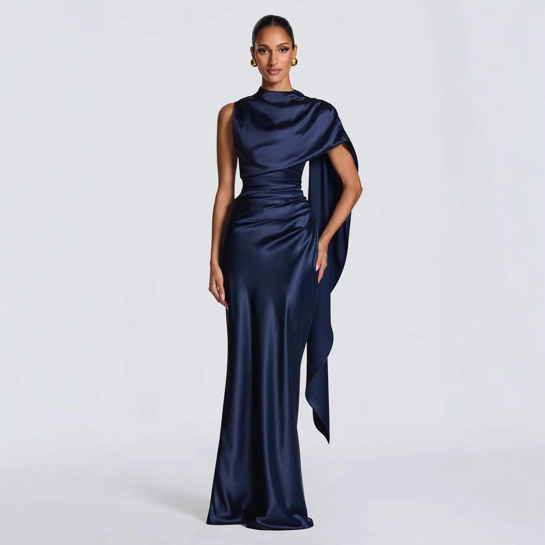 Women's Satin Turtleneck Dress Light Luxury Single Sided Ribbon Decoration Sleeveless Evening Gown_voghion.com