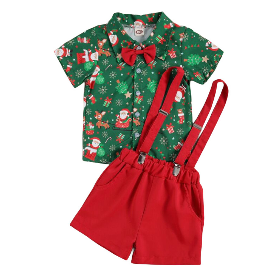 外贸儿童圣诞衬衣套装长袖短袖短裤 领结款圣诞绅士背带裤套装