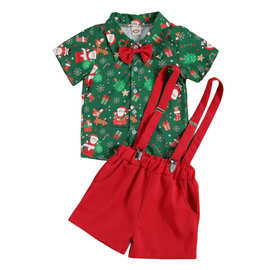 外贸儿童圣诞衬衣套装长袖短袖短裤 领结款圣诞绅士背带裤套装