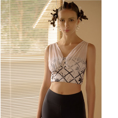 時尚性感仙氣質網紗拼接瑜伽服套裝運動文胸內衣健身背心女帶胸墊