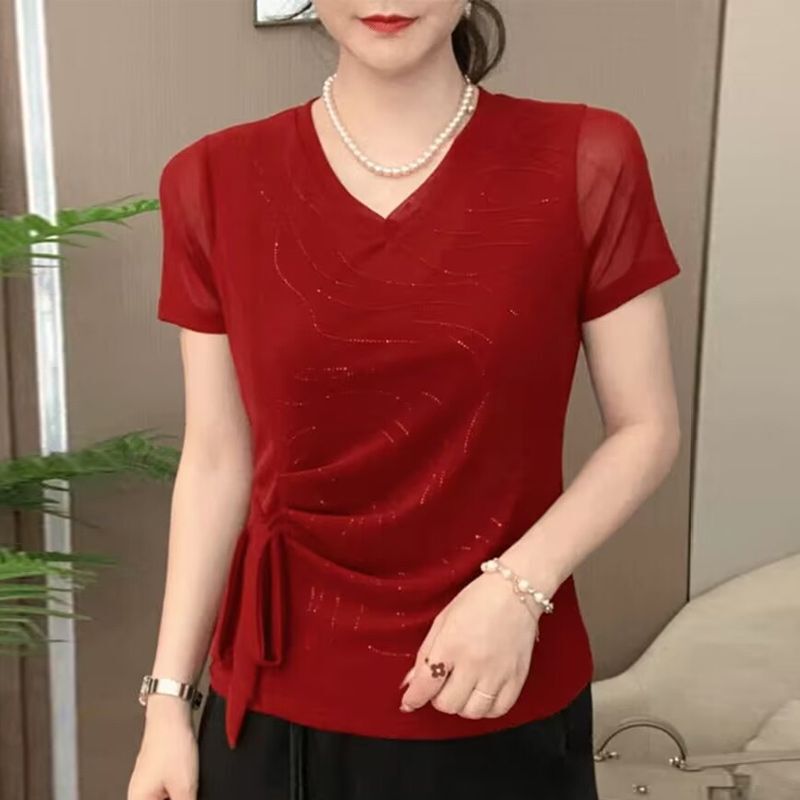 New Summer Style Elastic Mesh Short-Sleeved Elegant Versatile Slimming Look Mother's Wear Design Pure Color Fashionable V Neck