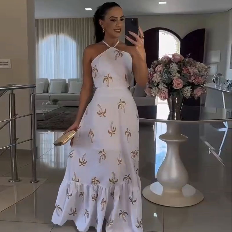 2024 Autumn New European and American Amazon Long Dress Halter Neck Designer Backless Dress