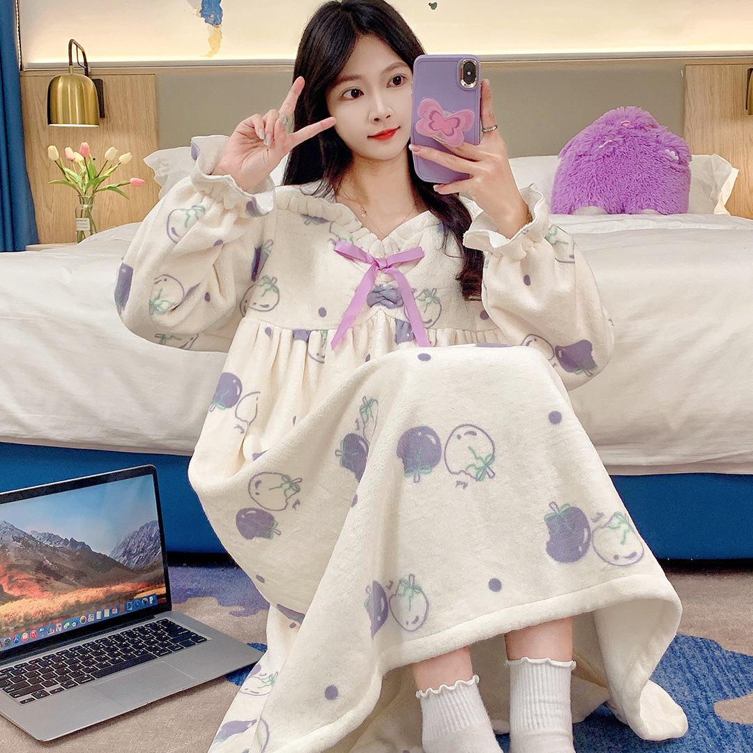 2024 pijamas de invierno gruesos de franela calentamiento vestido de pijama de arco de mujer vestido de pijama dulce lindo ropa para el hogar