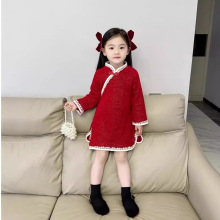 女童旗袍冬季拜年服中国风改良连衣裙2024款儿童宝宝加绒红色裙子