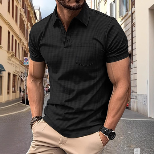 2025 Fashion Checked Solid Color Casual Sport Short Sleeve Polished Polo Shirt